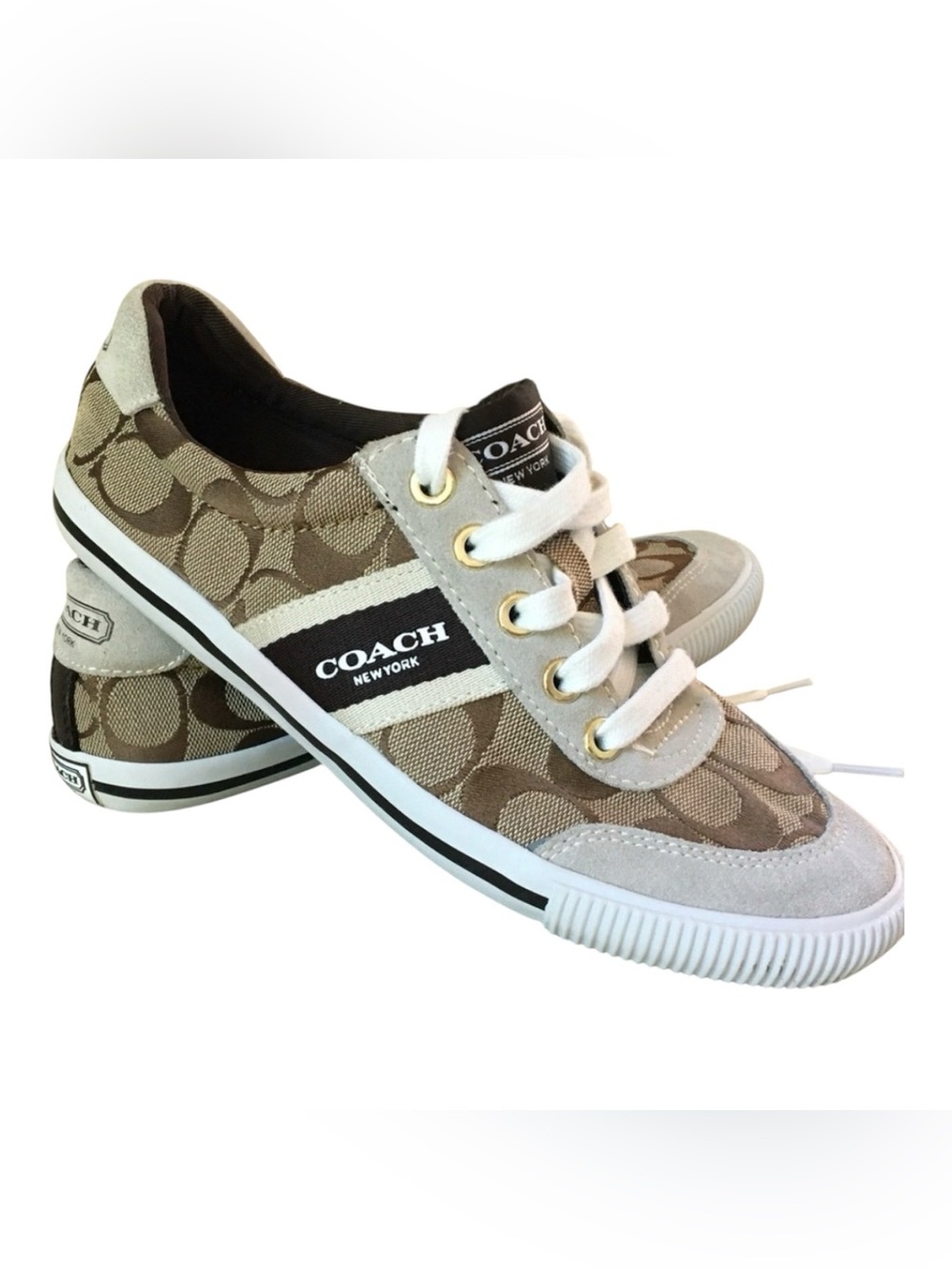 Coach Signature Canvas Sneakers Khaki Brown Suede Trim Size 6